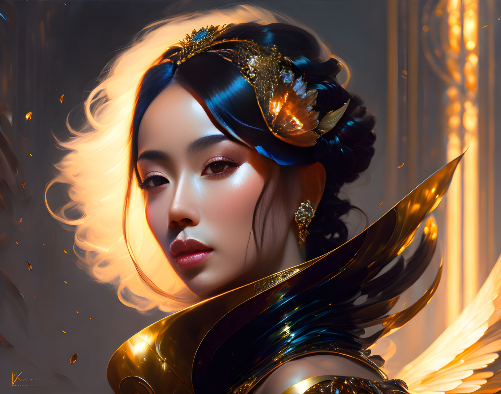 Digital portrait of a woman with ornate gold headdress and shoulder armor in ethereal lighting.