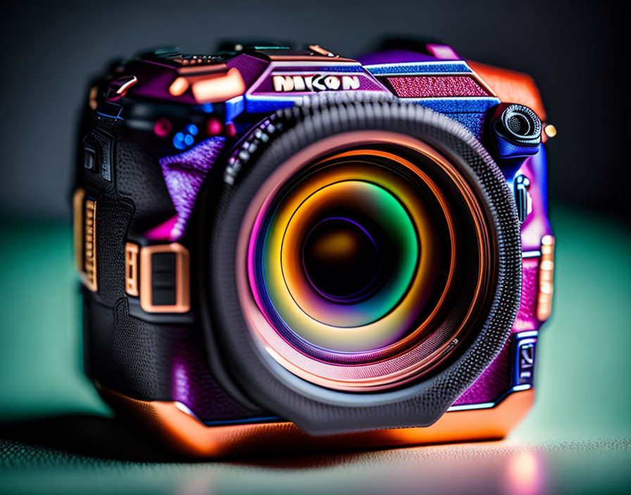 Close-Up Shot of Vibrant Nikon DSLR Camera Lens and Colorful Buttons