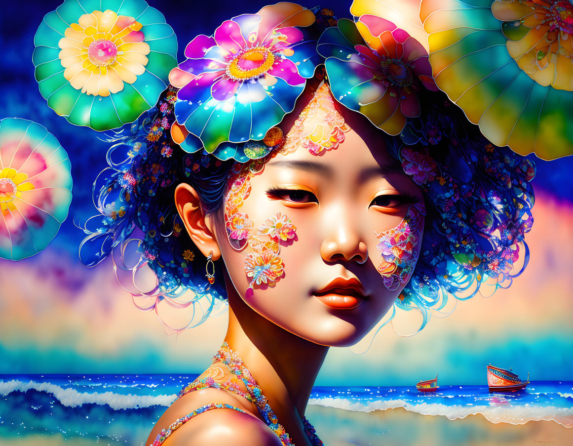 Digital art: Young woman with floral face patterns in vibrant floral and boat background