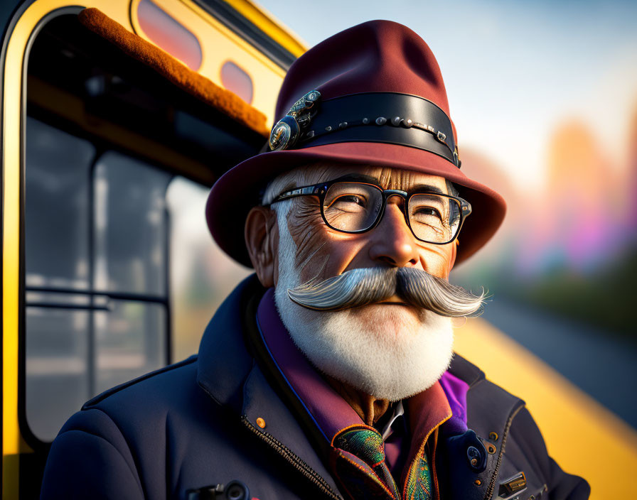 Elderly man with white mustache by yellow bus at sunset