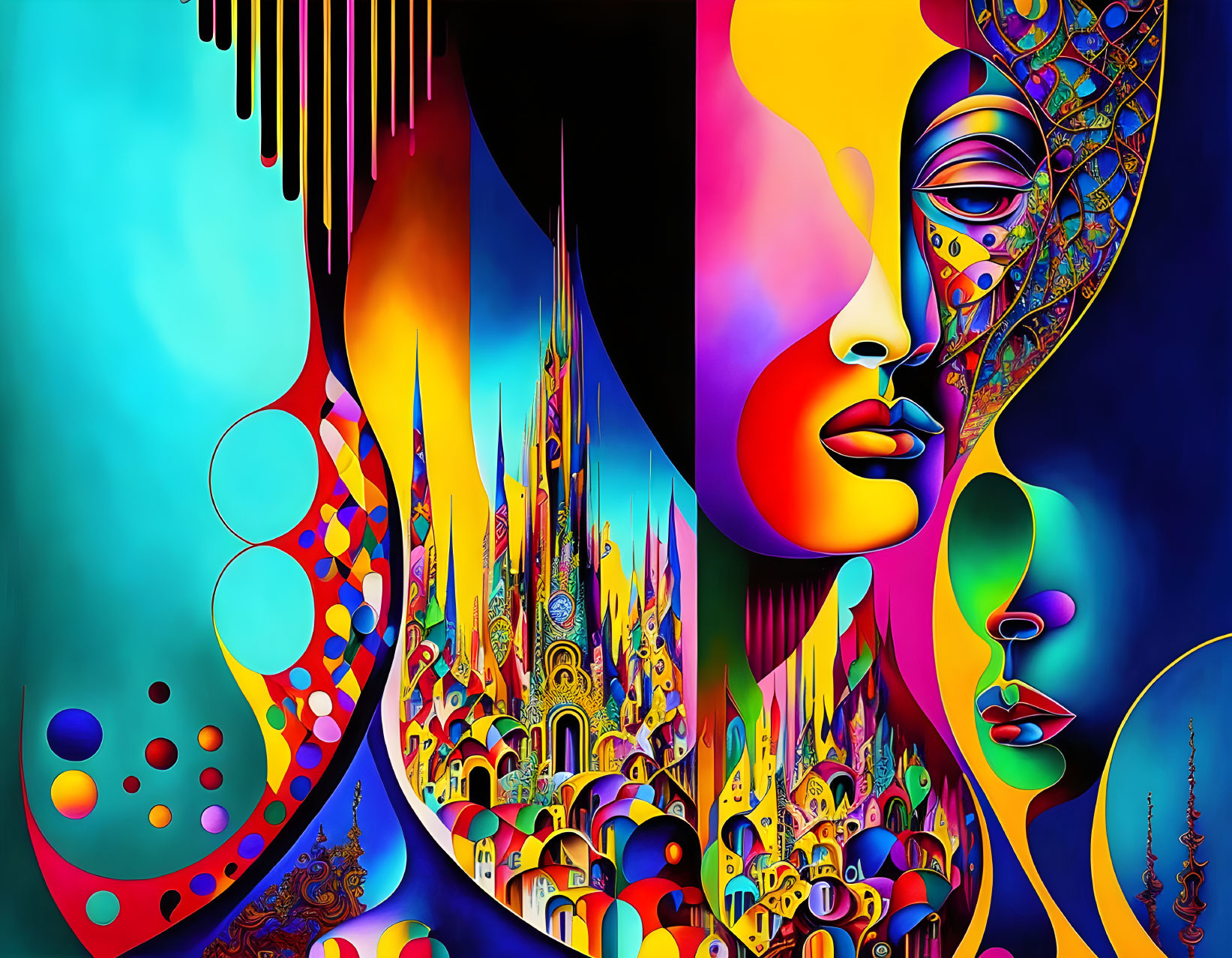 Colorful Abstract Art: Psychedelic Faces & Architecture in Vibrant Palette