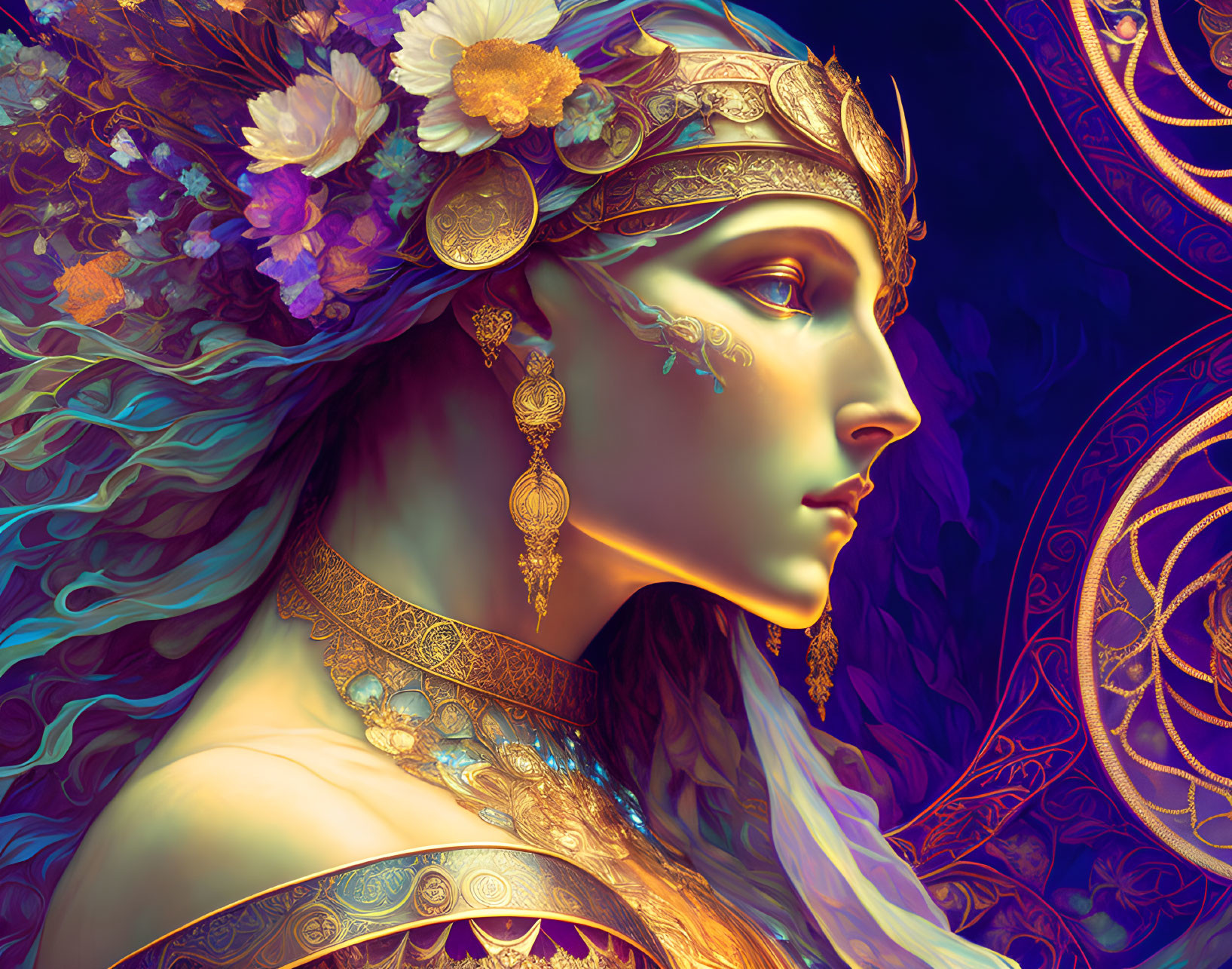 Elaborate Golden Headdress and Vibrant Colors on Illustrated Woman