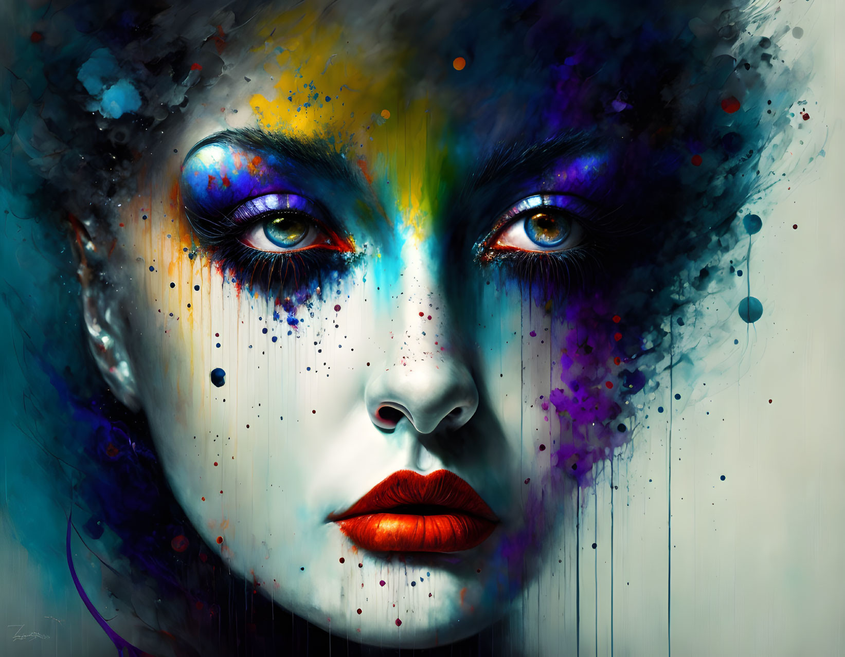 Colorful digital portrait of a woman with intense eyes and abstract elements