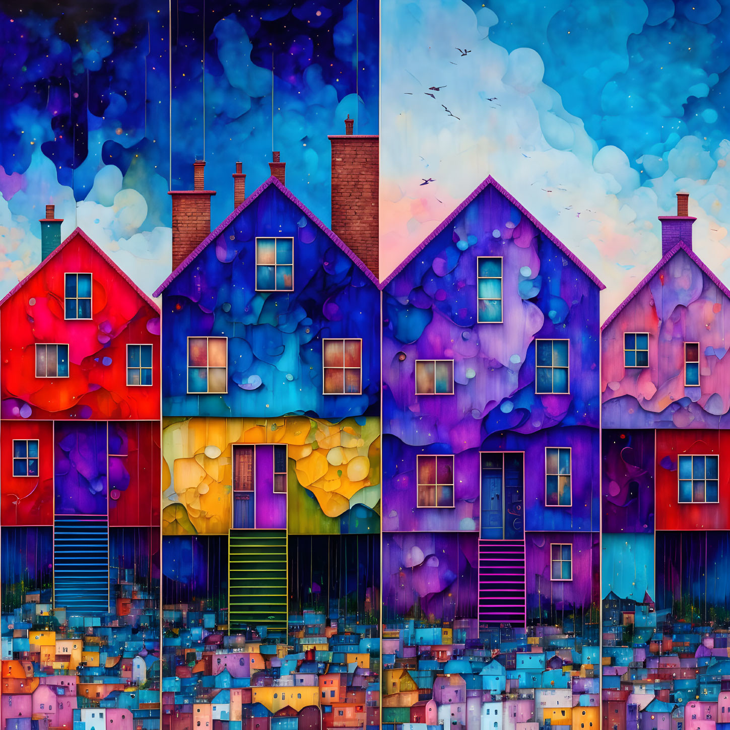 Colorful Collage of Four Unique Houses in Various Times and Seasons