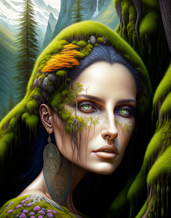 Illustrated portrait of woman with greenery and moss in skin, forest and mountain backdrop