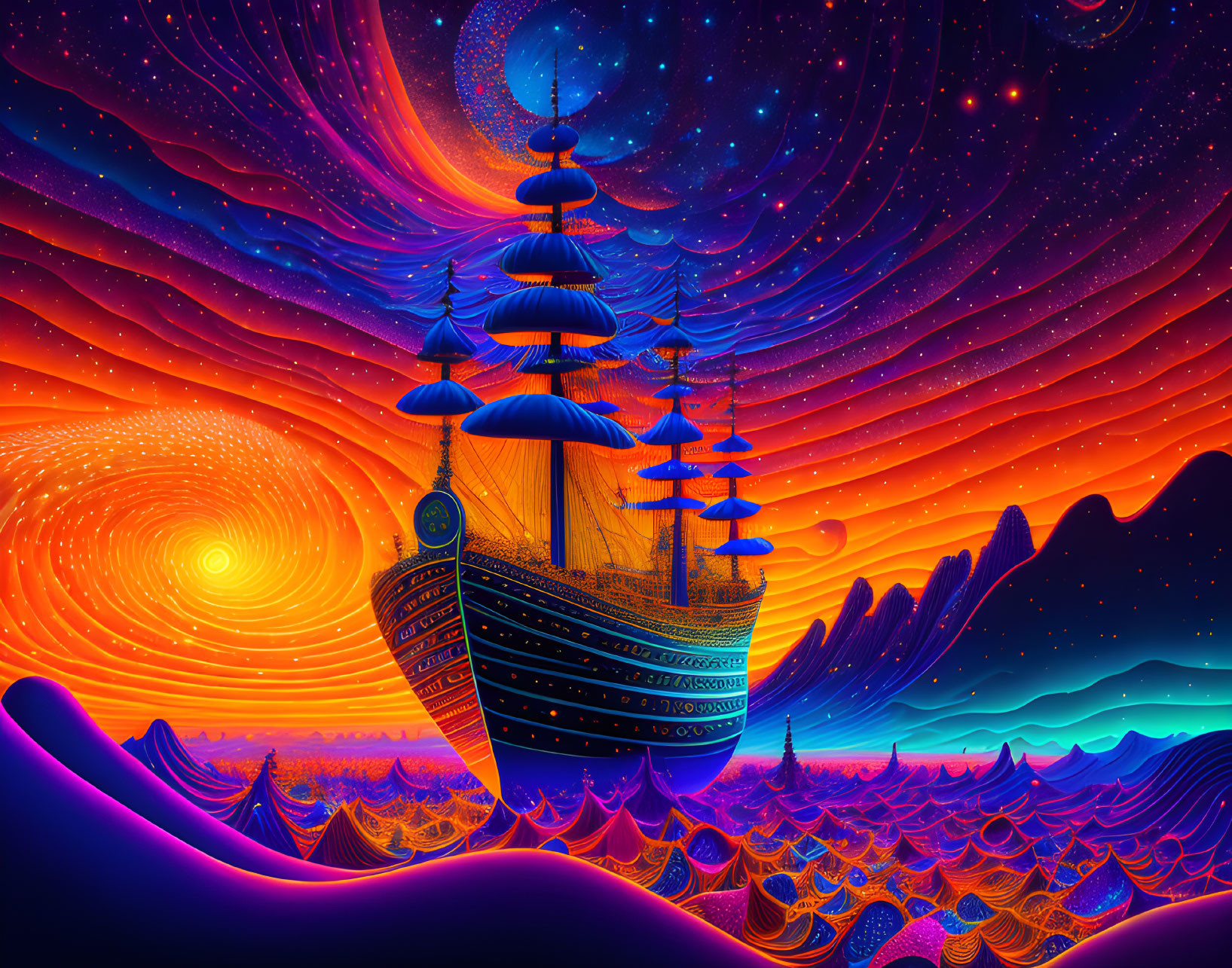 Fantastical ship sailing in psychedelic ocean under swirling cosmic sky