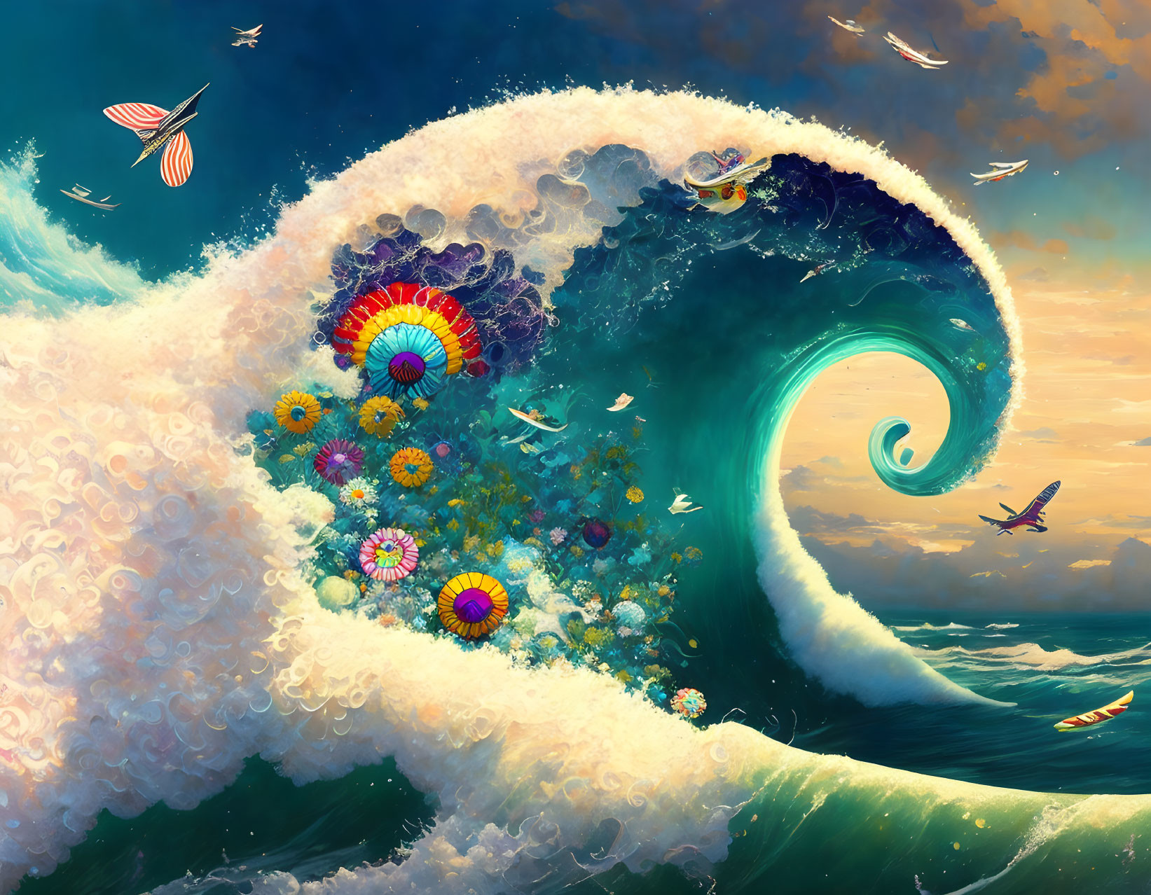 Colorful Flowers and Sea Life in Surreal Wavescape