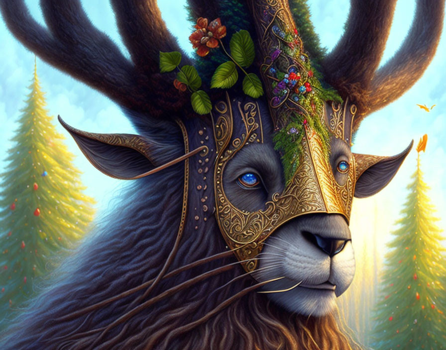 Regal stag with golden mask in enchanted forest