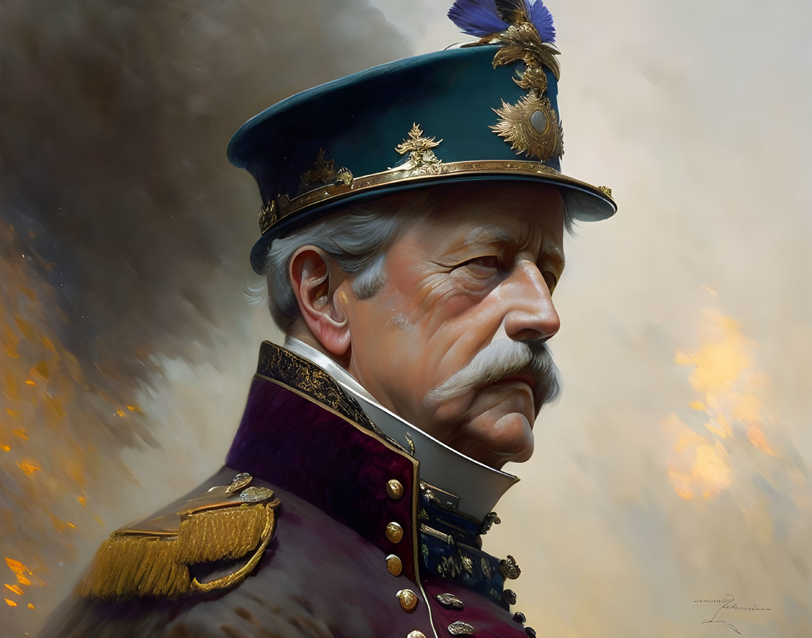 Illustrated portrait of stern man with mustache in military uniform and hat on smoky background