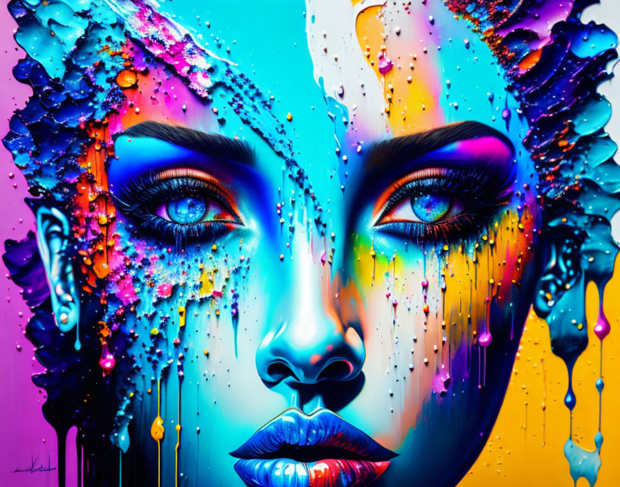 Colorful digital portrait of a woman with dripping paint on pink and blue backdrop