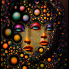 Psychedelic dual-faced artwork with colorful bubbles and intricate patterns