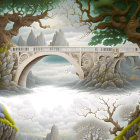 Stone bridge over lush trees and clouds in fantasy landscape