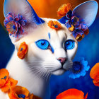 Blue-eyed cat with orange flowers and butterflies in digital art