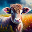 Colorful cow with floral crown in scenic landscape.