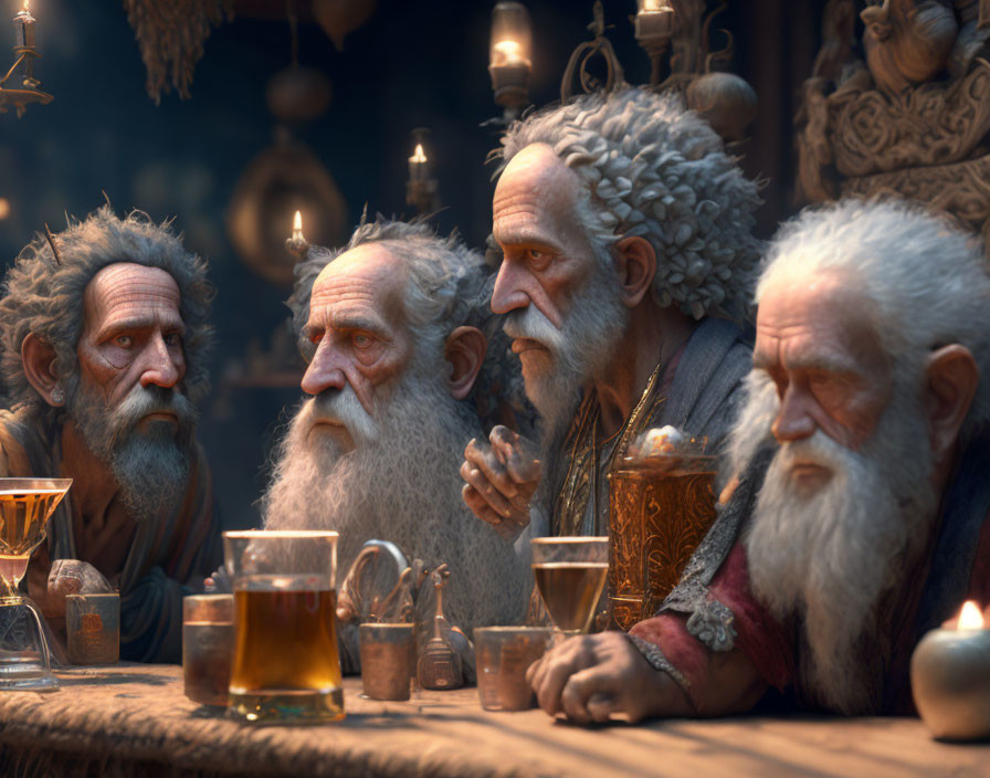 Elderly animated characters with long beards in dimly lit tavern