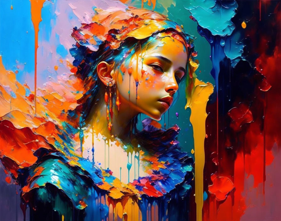 Colorful abstract portrait of a girl in blue, orange, and yellow hues