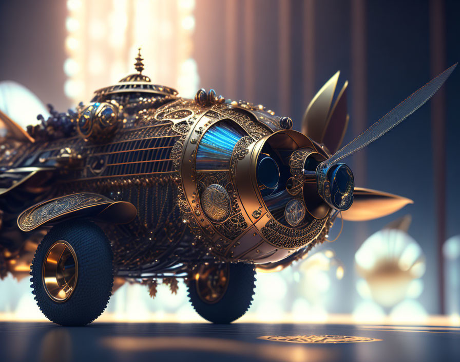 Intricately designed steampunk vehicle with metal details parked under warm lights