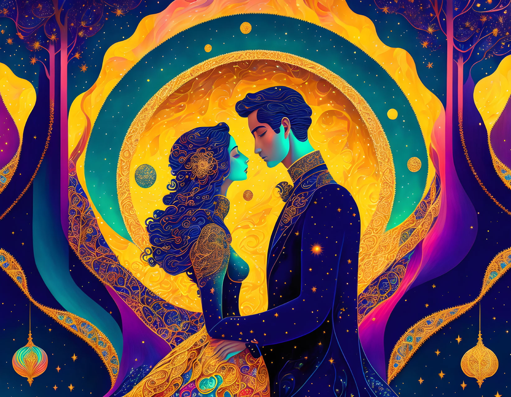 Romantic couple embracing in cosmic setting with vibrant moon and stars background