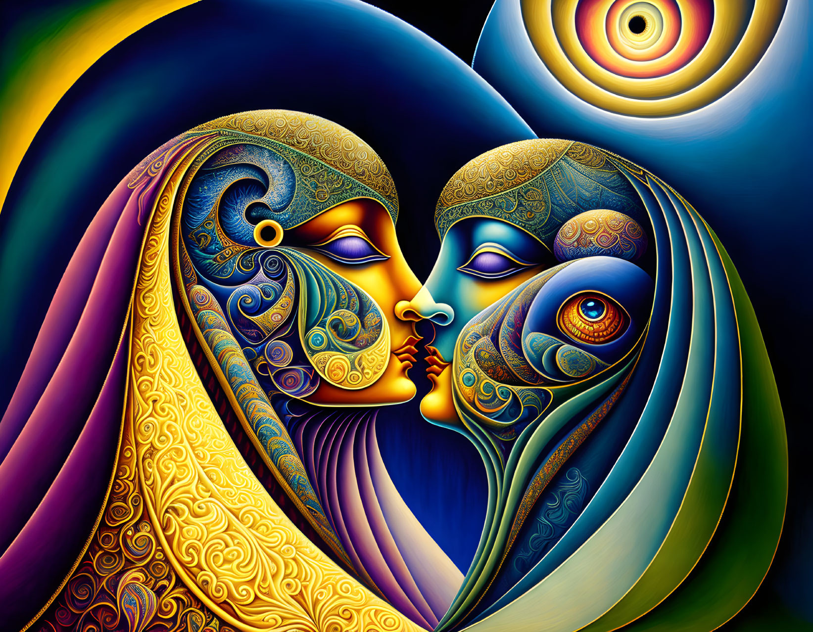 Colorful digital art: stylized couple's faces with intricate patterns in surreal cosmic scene