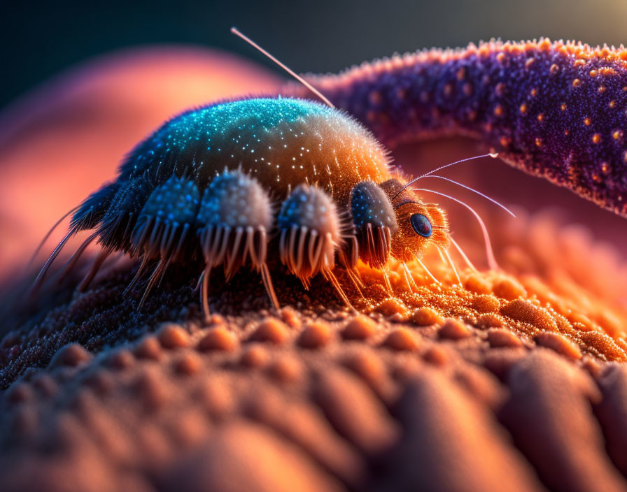 Detailed close-up of illuminated dust mite on textured surface