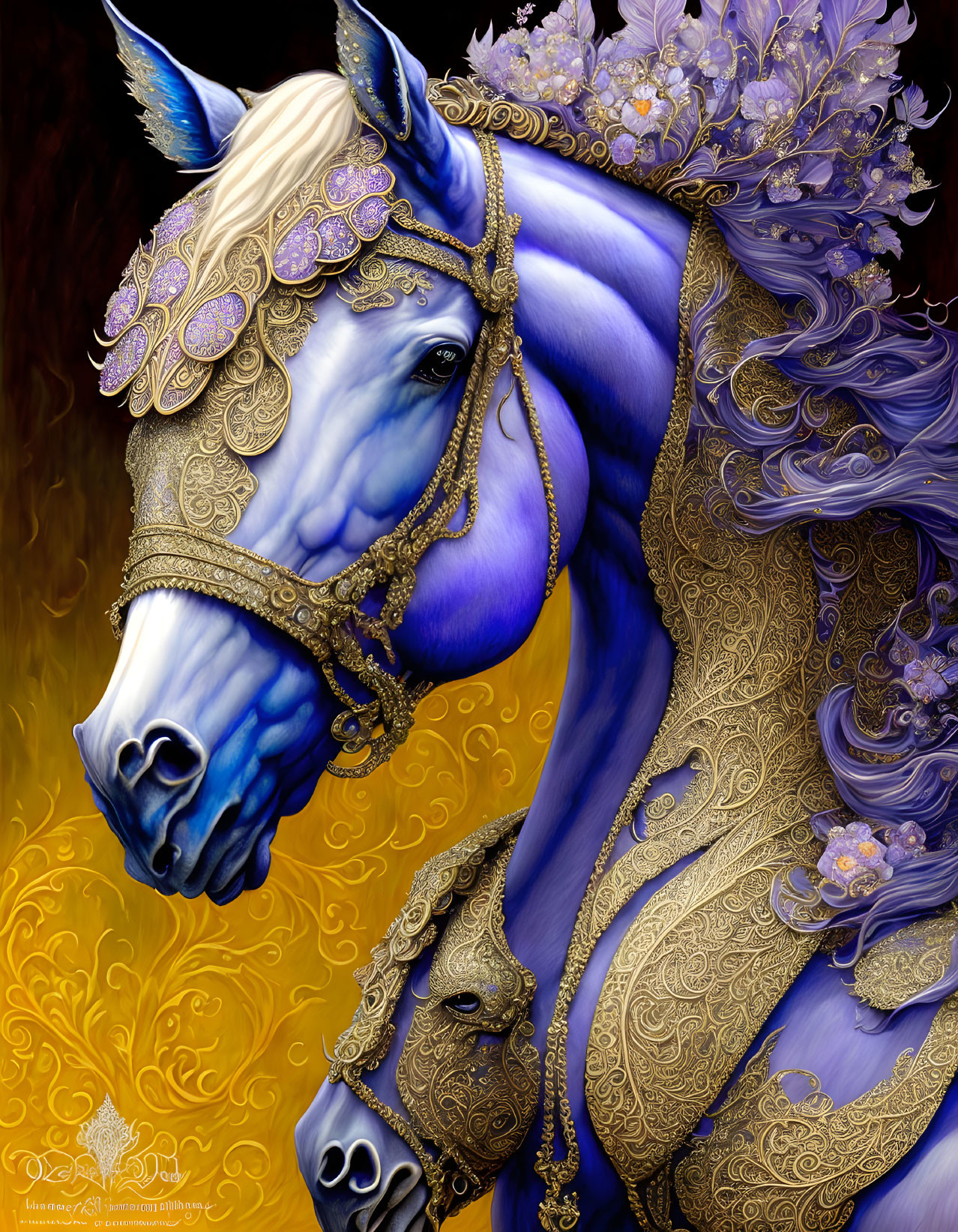 Majestic blue horse with golden tack and purple floral decorations