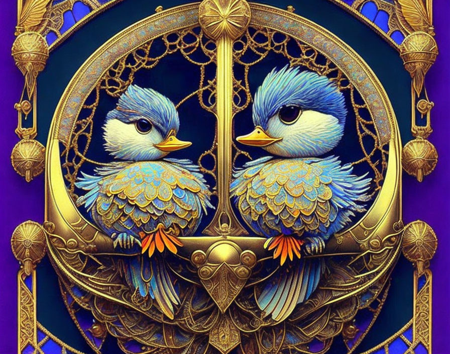 Intricately designed blue birds in golden frame on purple background