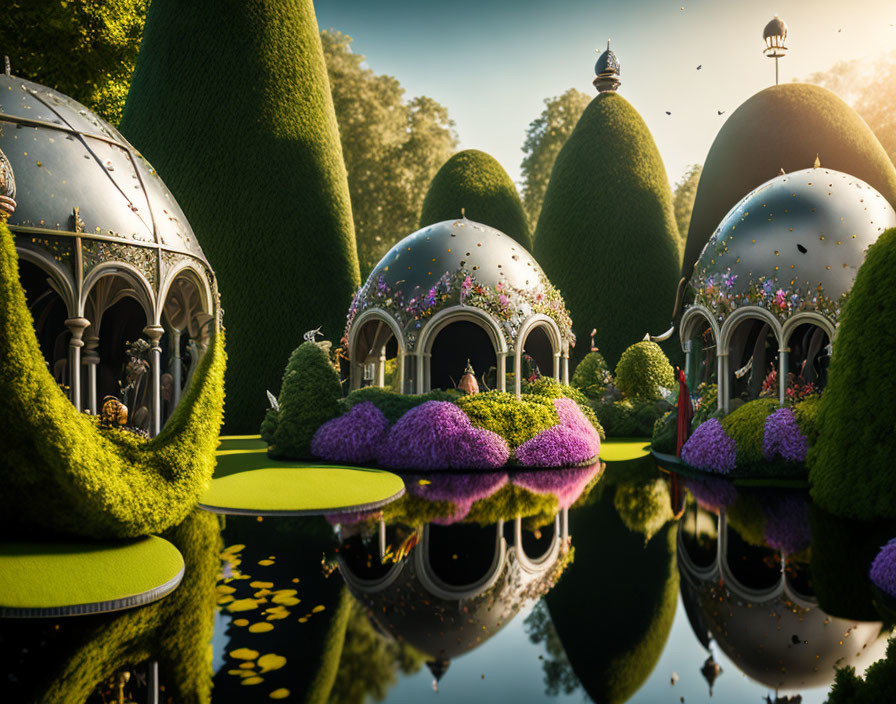 Tranquil garden with purple flowers and dome-shaped structures at sunset