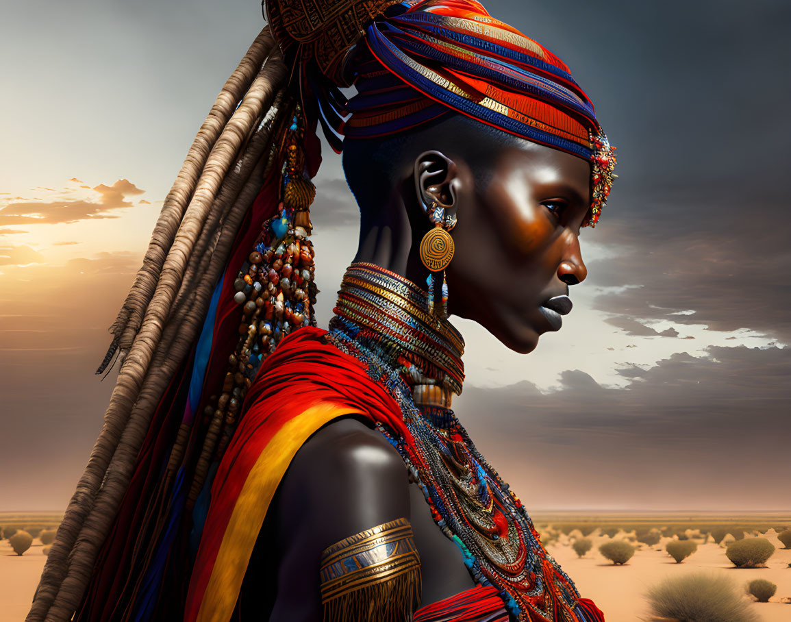 Colorful tribal jewelry adorned woman in side-profile against desert backdrop