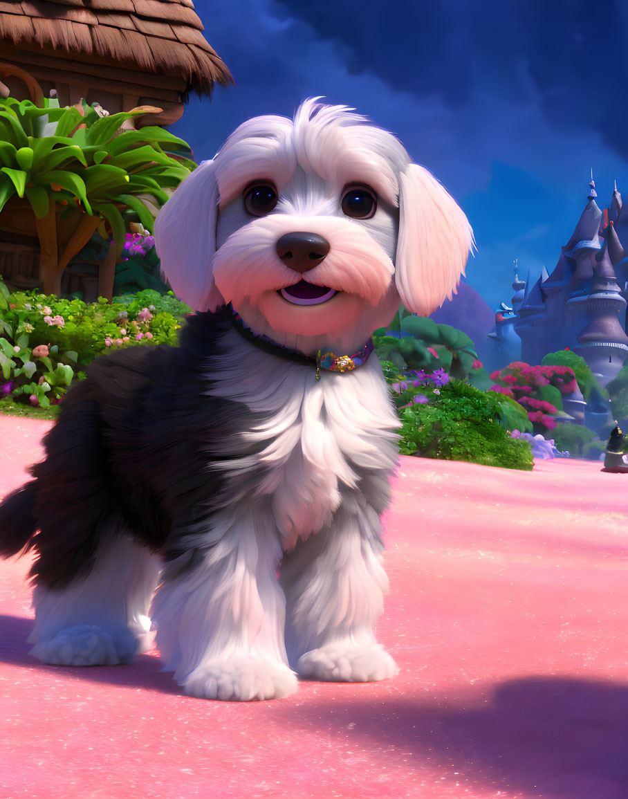 White and black fur puppy on pink path with castle and flowers