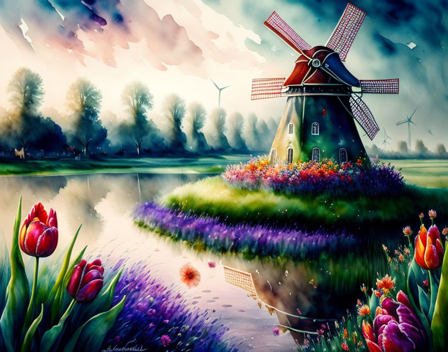 Vibrant landscape illustration with windmill and flowers