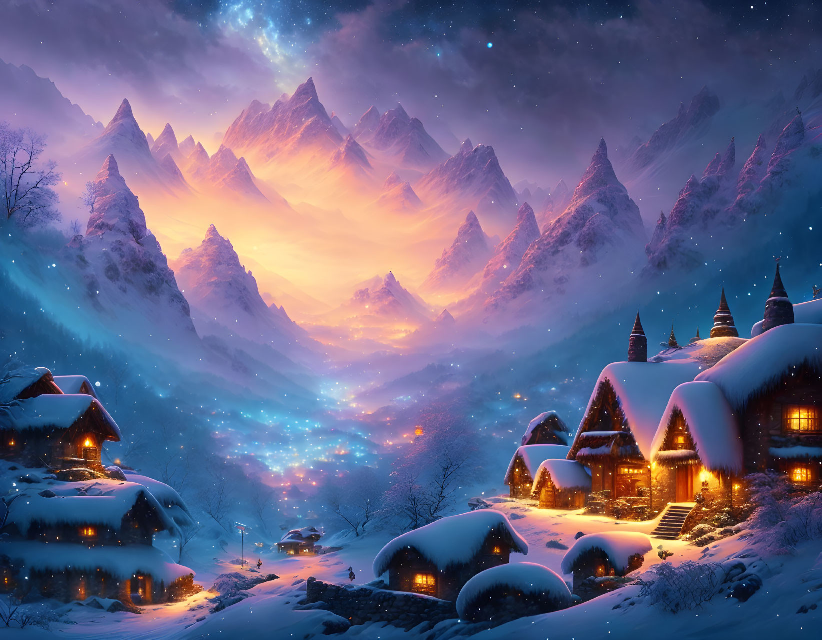 Snowy Village Night Scene with Starry Sky & Mountains