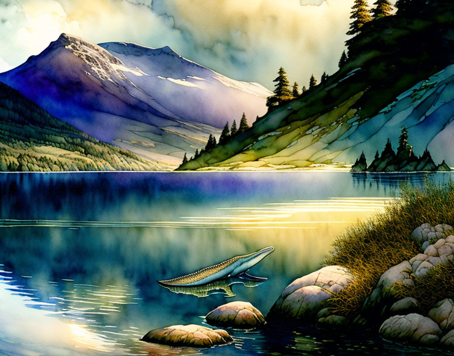 Colorful Mountain Lake Scene with Fish and Lush Greenery