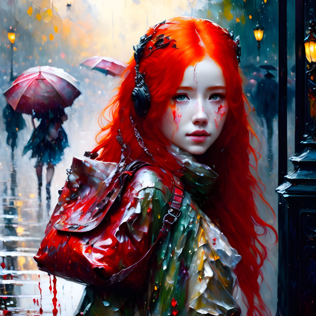 Colorful red-haired girl with headphones in rain scene