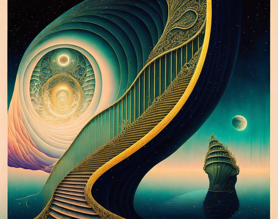 Golden staircase in cosmic scene with planets and shell on water