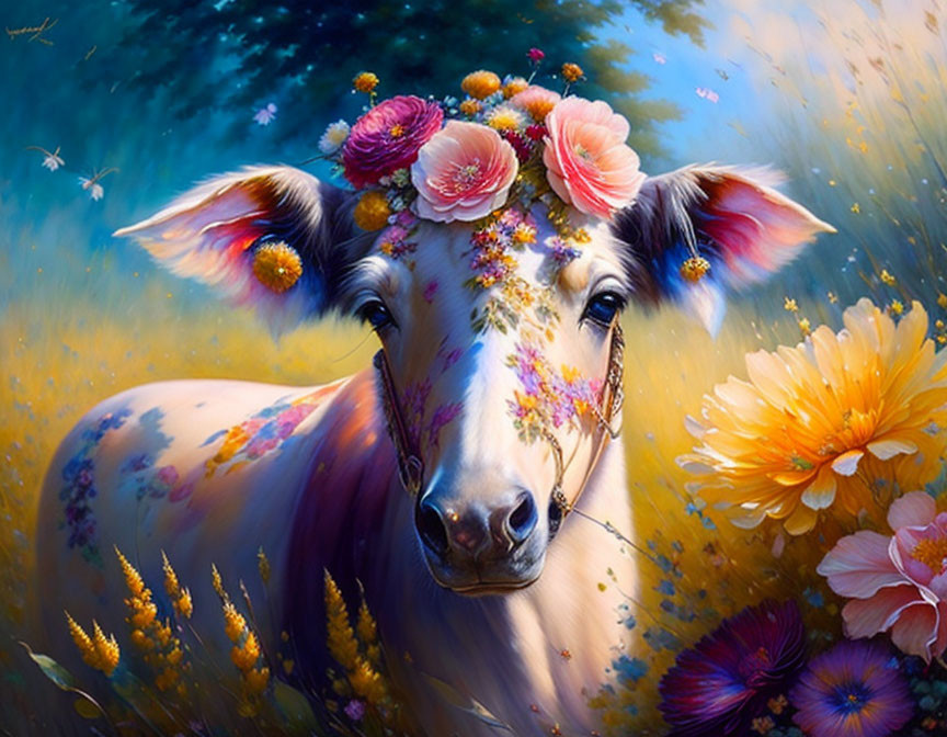 Colorful cow with floral crown in scenic landscape.