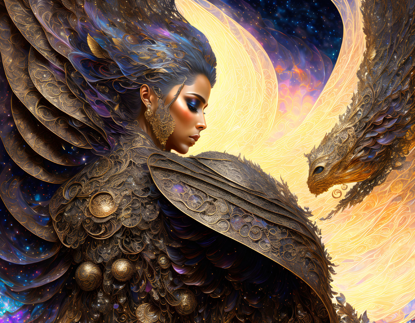 Person in Golden Armor with Feathered Wings Observing Celestial Bird in Cosmic Scene