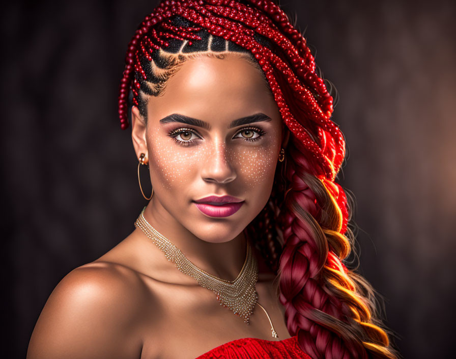 Red Braided Hair Woman with Glitter Makeup and Elegant Jewelry