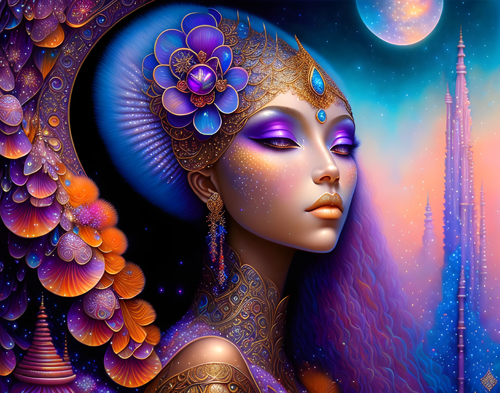 Colorful woman with gold and purple headgear in cosmic setting