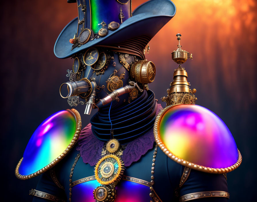 Steampunk character with top hat, goggles, coat, gears, orbs, and metallic details