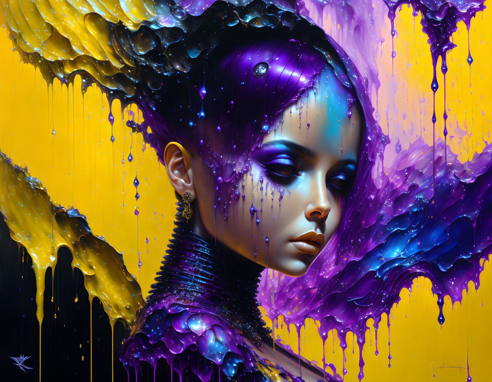 Surreal portrait: Woman with purple skin, merging with vibrant colors