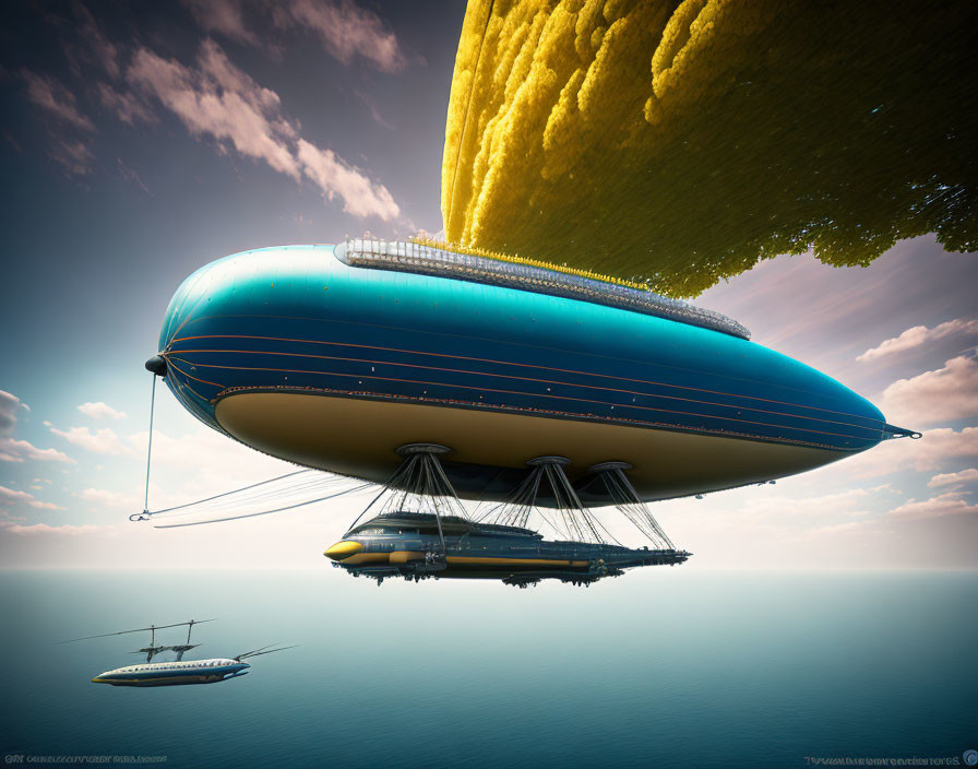 Futuristic airship over ocean with smaller vessel and floating structure