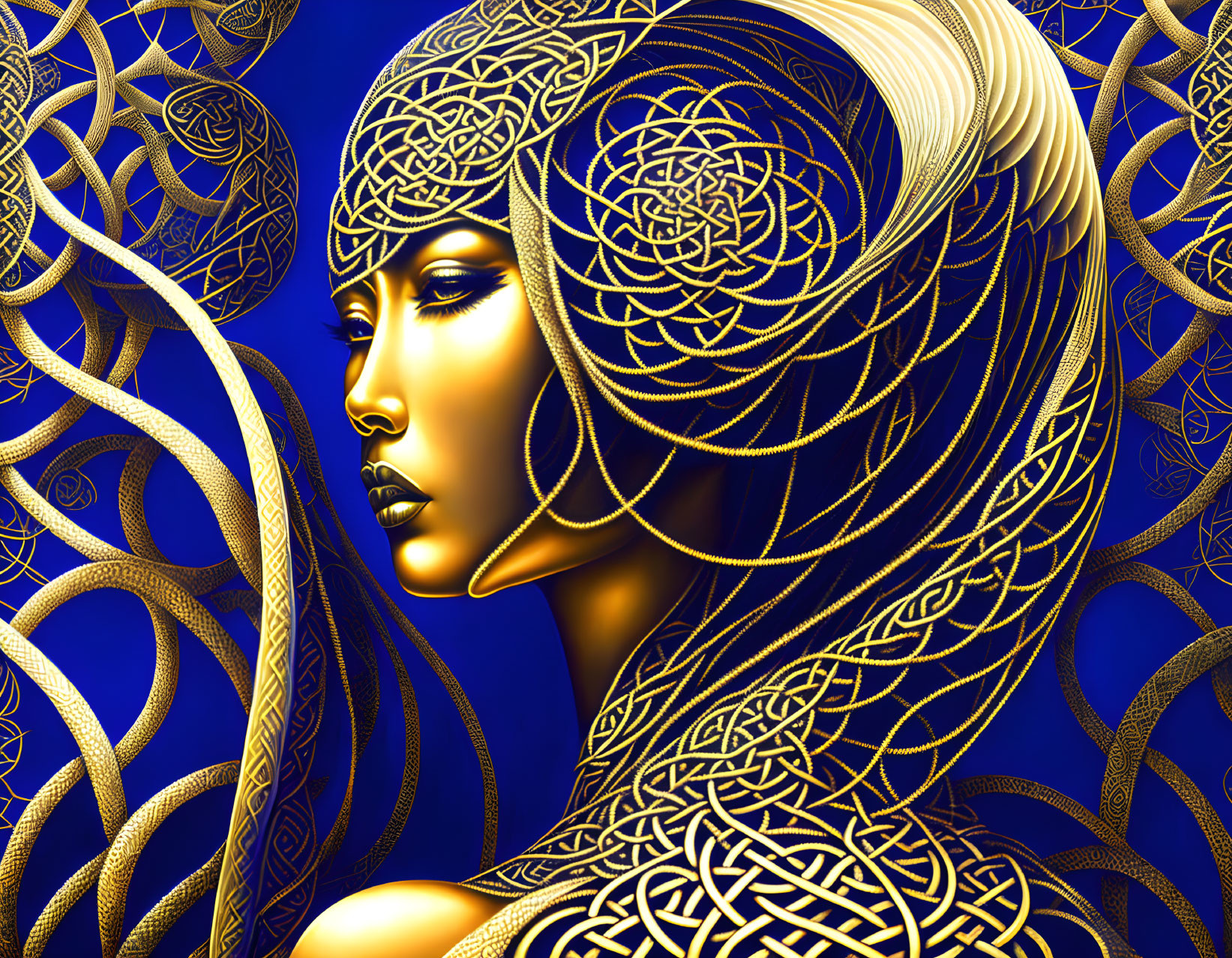 Stylized golden female figure with intricate patterns on blue background