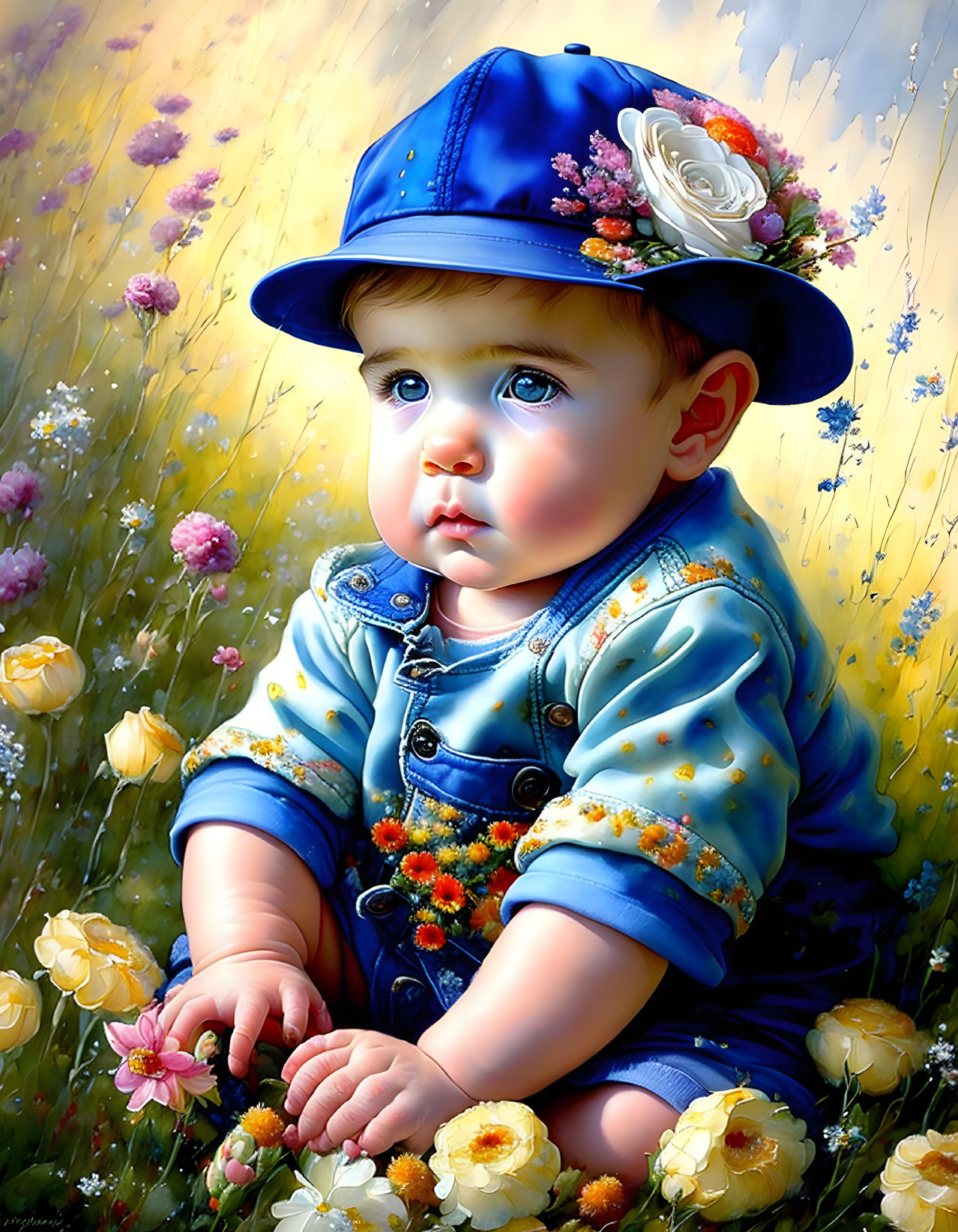 Toddler with big blue eyes in blue outfit sitting in colorful flower field