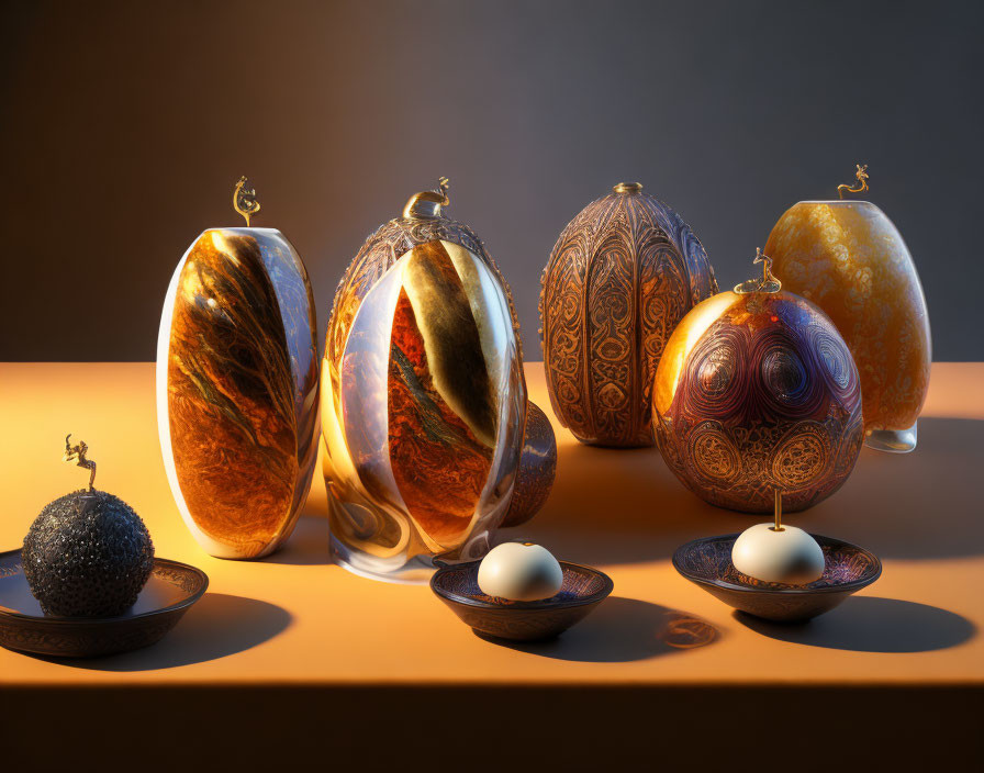 Intricate metallic egg sculptures with ornate patterns on display