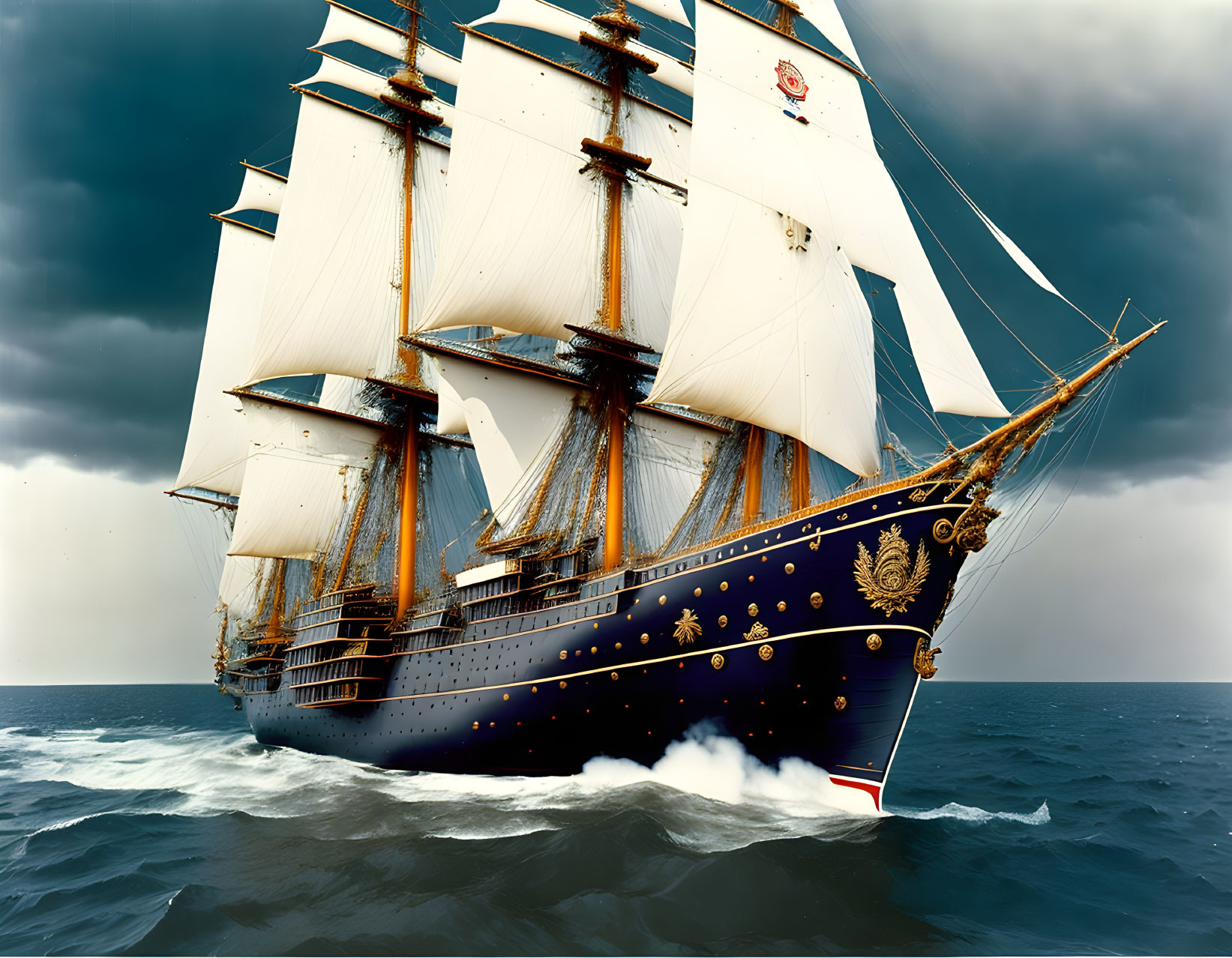 Tall Ship with Full Sails in Stormy Seas