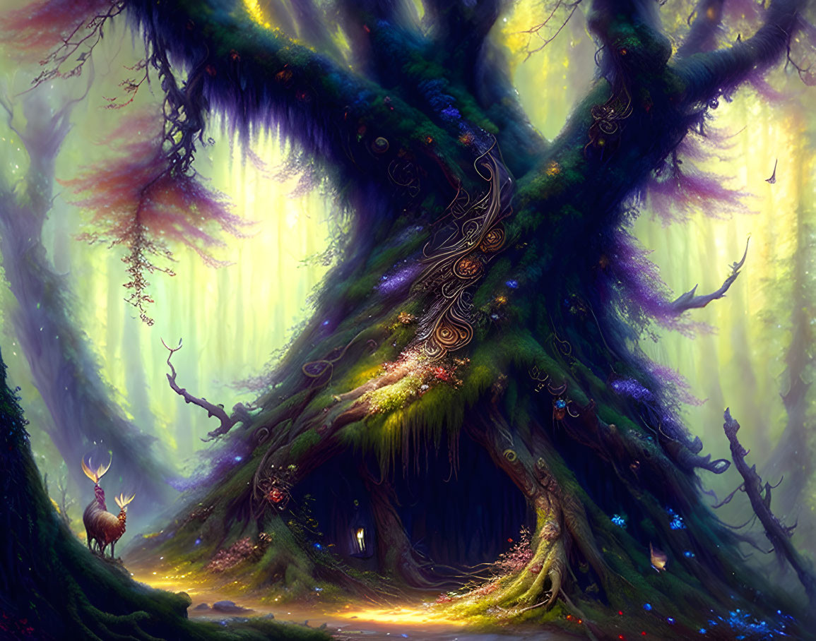 Mystical forest scene with large tree, hanging moss, intricate designs, and stag in misty