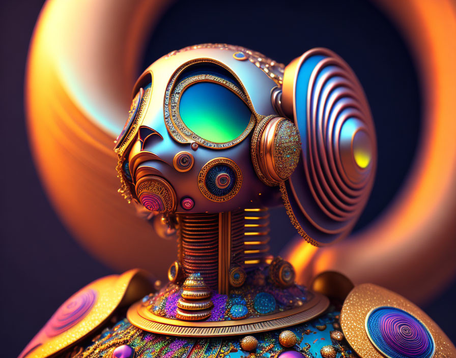 Detailed 3D illustration of futuristic ornate robot head with glowing circular elements