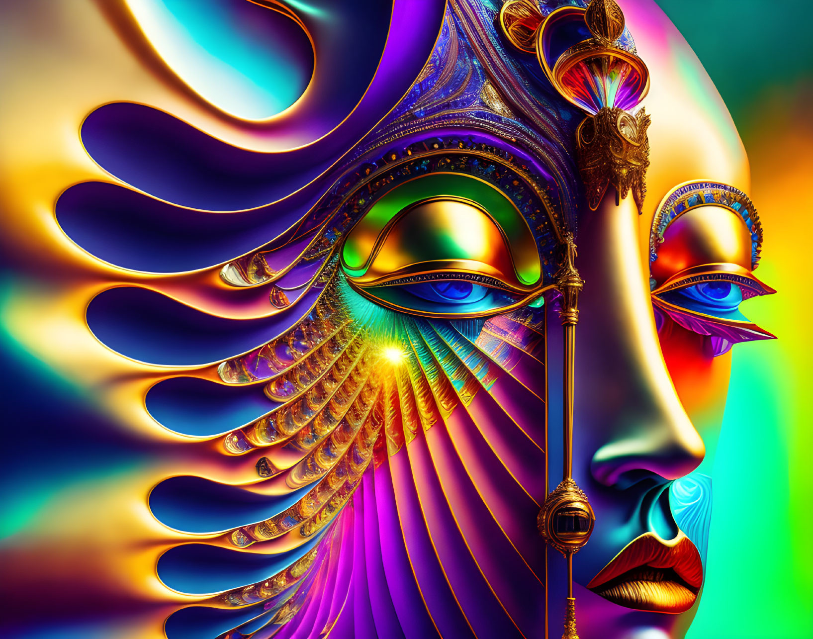 Symmetrical face with ornate headdress and spear in colorful digital artwork