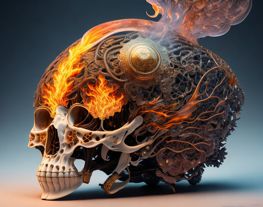 Skull with mechanical gears and fiery orange flames