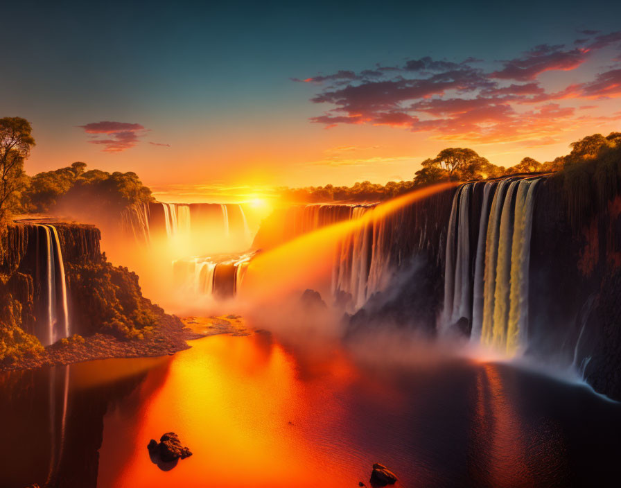 Majestic waterfall at sunrise with golden light and lush surroundings